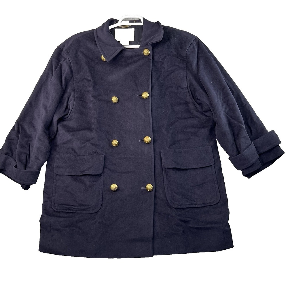 Jaeger Coat Women 12 Navy Blue Wool Cashmere Double Breasted Vintage Overcoat